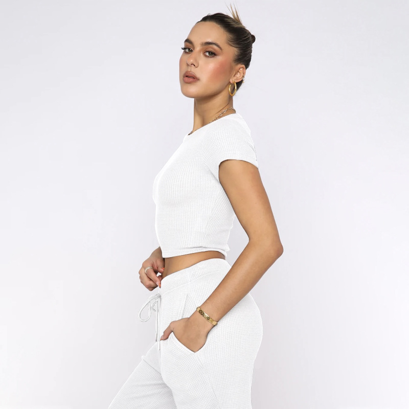 Spring Summer Solid Color Waffle round Neck Short Sleeve Women Clothing Casual Trousers Sets