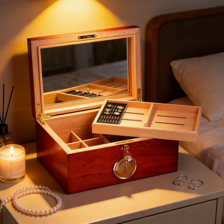 饰品盒首饰收纳盒双层耳钉戒指绒布木制珠宝盒便携首饰盒家用