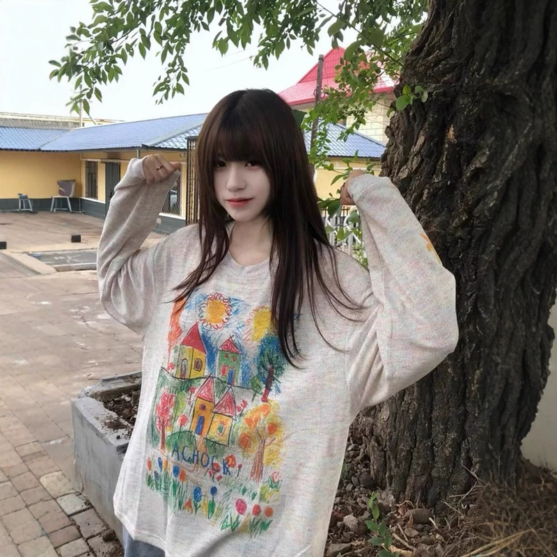 【Guangzhou Original Fabric Color Spots】Colorful Hand-Painted Graffiti Sun Protection Cover-Up Women's Mesh Loose Long Sleeve T-Shirt 【Guangzhou Original Fabric Color Spots】Colorful Hand-Painted Graffiti Sun Protection Cover-Up Women's Mesh Loose Long Sleeve T-Shirt