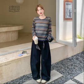 慵懒风一整套穿搭女2025早秋新款撞色条纹长袖针织衫阔腿裤两件套