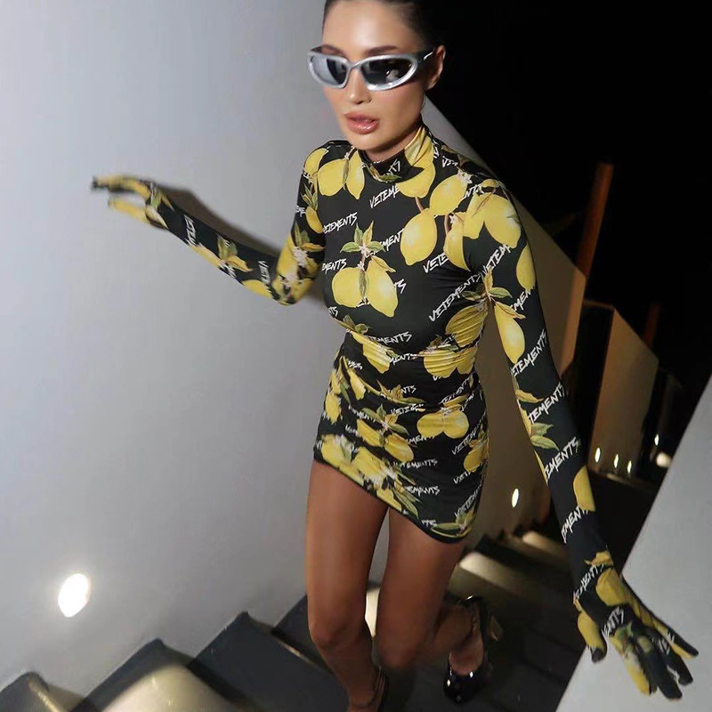 standing collar gloves with sleeves printing dress NSBLS136628