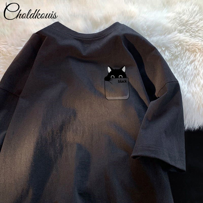 Pure Cotton Short-sleeved T-shirt Men's Summer Ins-style Hong Kong-style Trendy Half-sleeved Loose Couple's T-shirt Men's Round Neck Pure Black