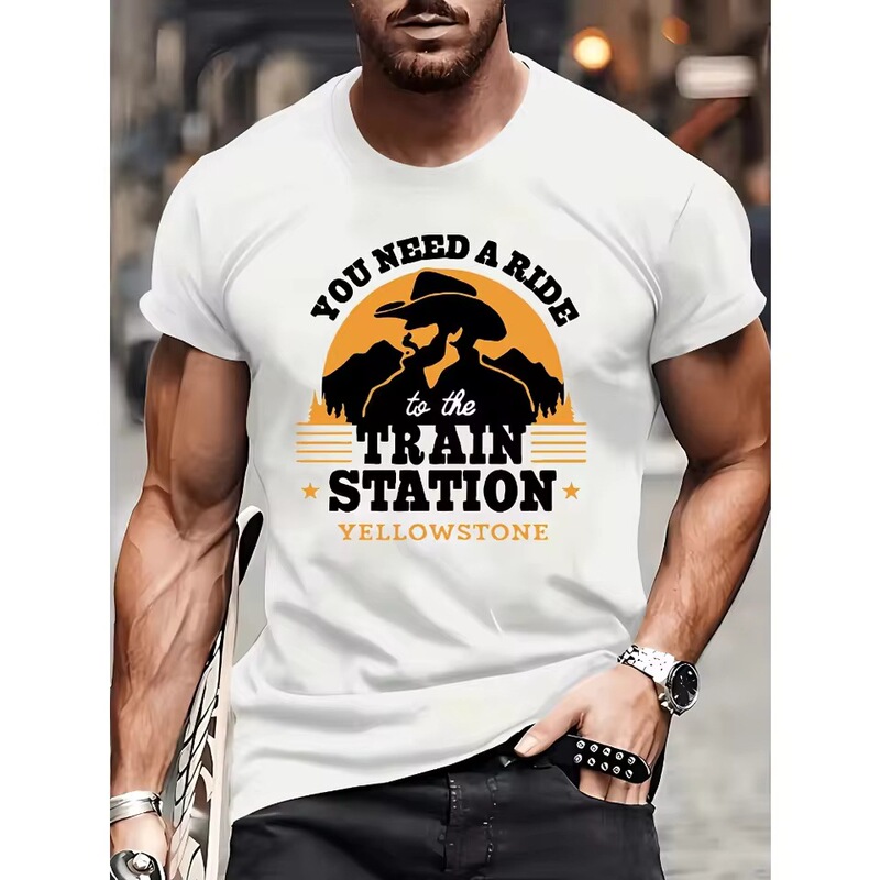 Cross-border European and American trendy men's t-shirts, suitable for Yellowstone train station, round-neck tops, outdoor men's clothing, men's short-sleeve t-shirts