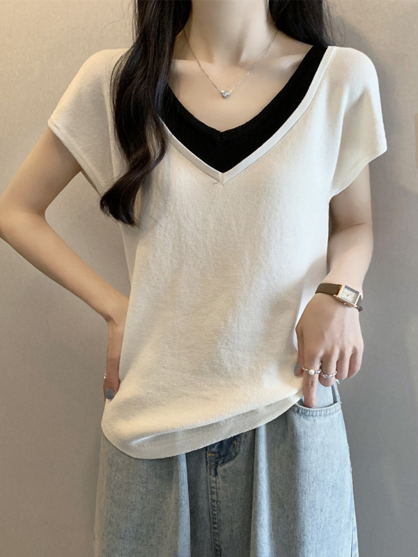 Áo thun nữ tay lỡ giả hai lớp chất liệu sợi mát — đen