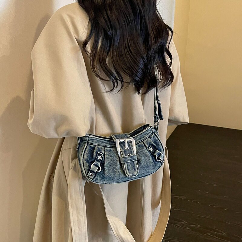 Túi đeo chéo nữ dáng hộp nhỏ kẹp nách vải denim xếp nếp phong cách Hàn Quốc — Cao bồi xanh, Màu xanh cổ điển, đen chi tiết 25