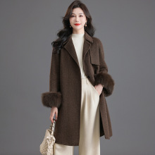 秋冬女装双面羊毛呢外套女2025年新款时尚西装领中长款系带大衣女