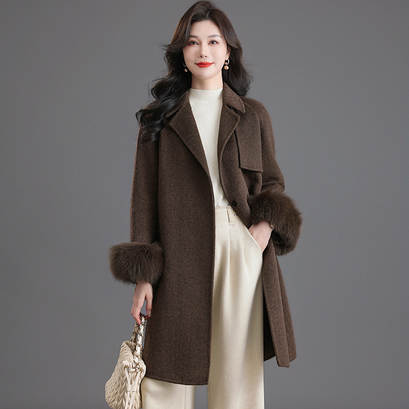 秋冬女装双面羊毛呢外套女2025年新款时尚西装领中长款系带大衣女