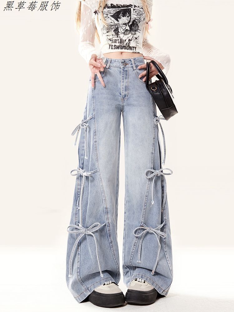 Bow-Tie Jeans for Women Autum New American Retro Versatile Loose Wide-Leg Floor-Length Pants Ins