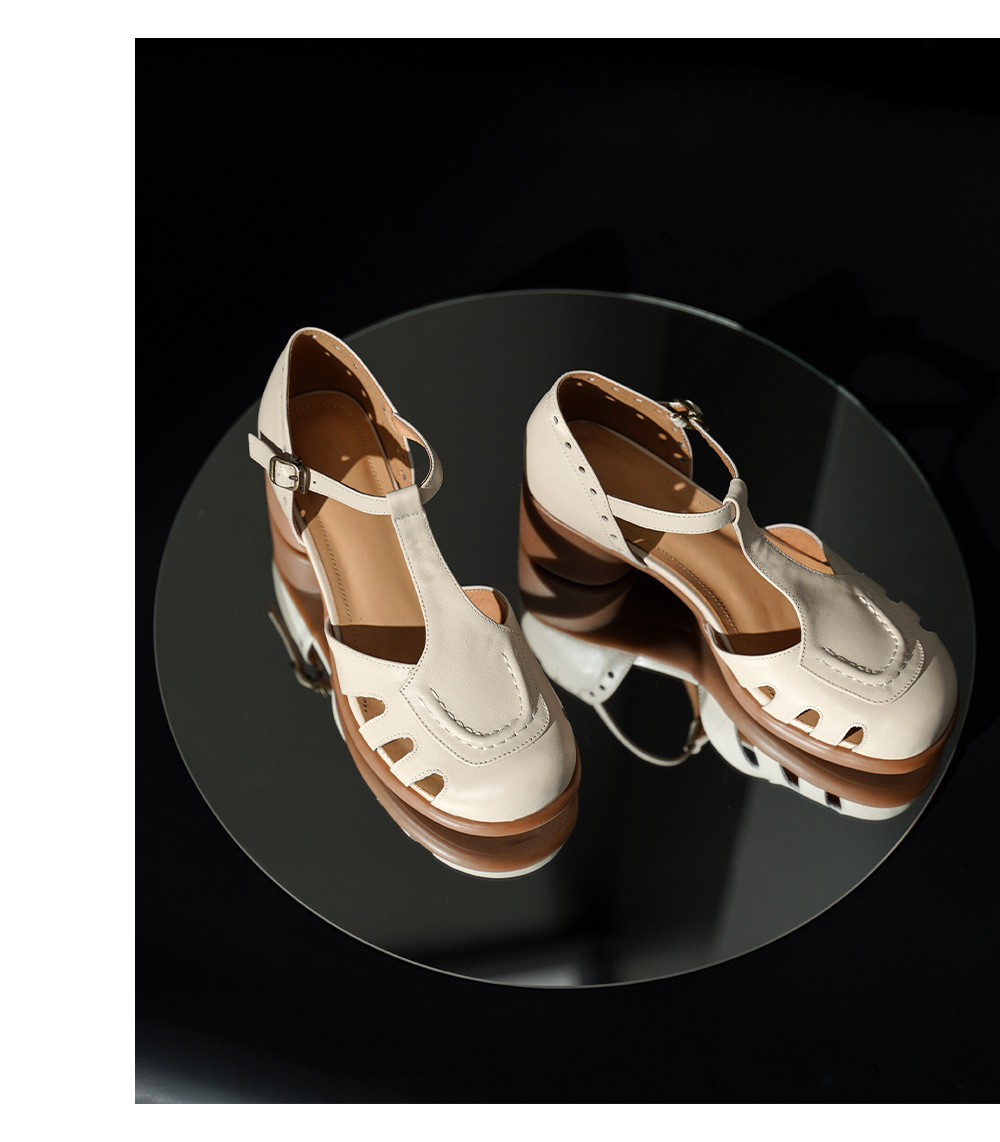 Sandal cao gót nữ mũi nhọn quai ngang khóa T, gót 5 cm, da bò thật — đen chi tiết 17
