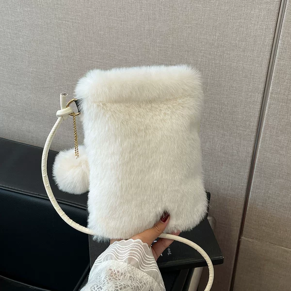 Autumn and winter plush phone bag, mini fluffy crossbody phone bag, Korean style versatile cute pom-pom shoulder bag