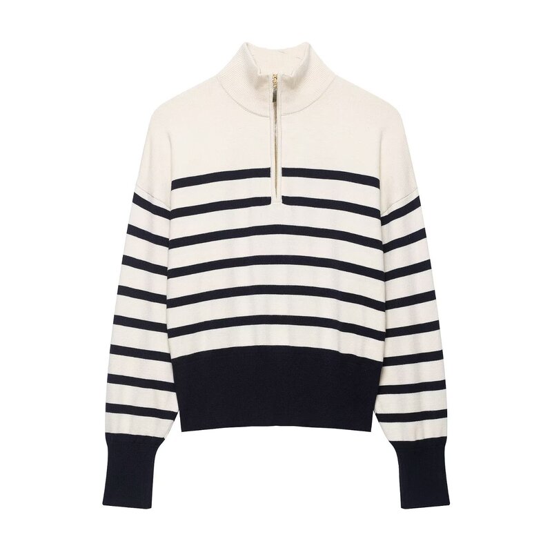 460075- New cross-border European and American style fashionable women's zippered striped long-sleeve knit sweater 5536032 460075- New cross-border European and American style fashionable women's zippered striped long-sleeve knit sweater 5536032