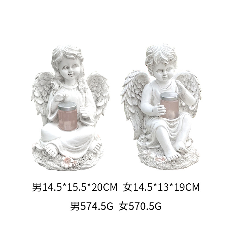  Garden Girl Angel Figurine Home Courtyard Solar-Powered Boy Resin Decorative Statue Creative Gift