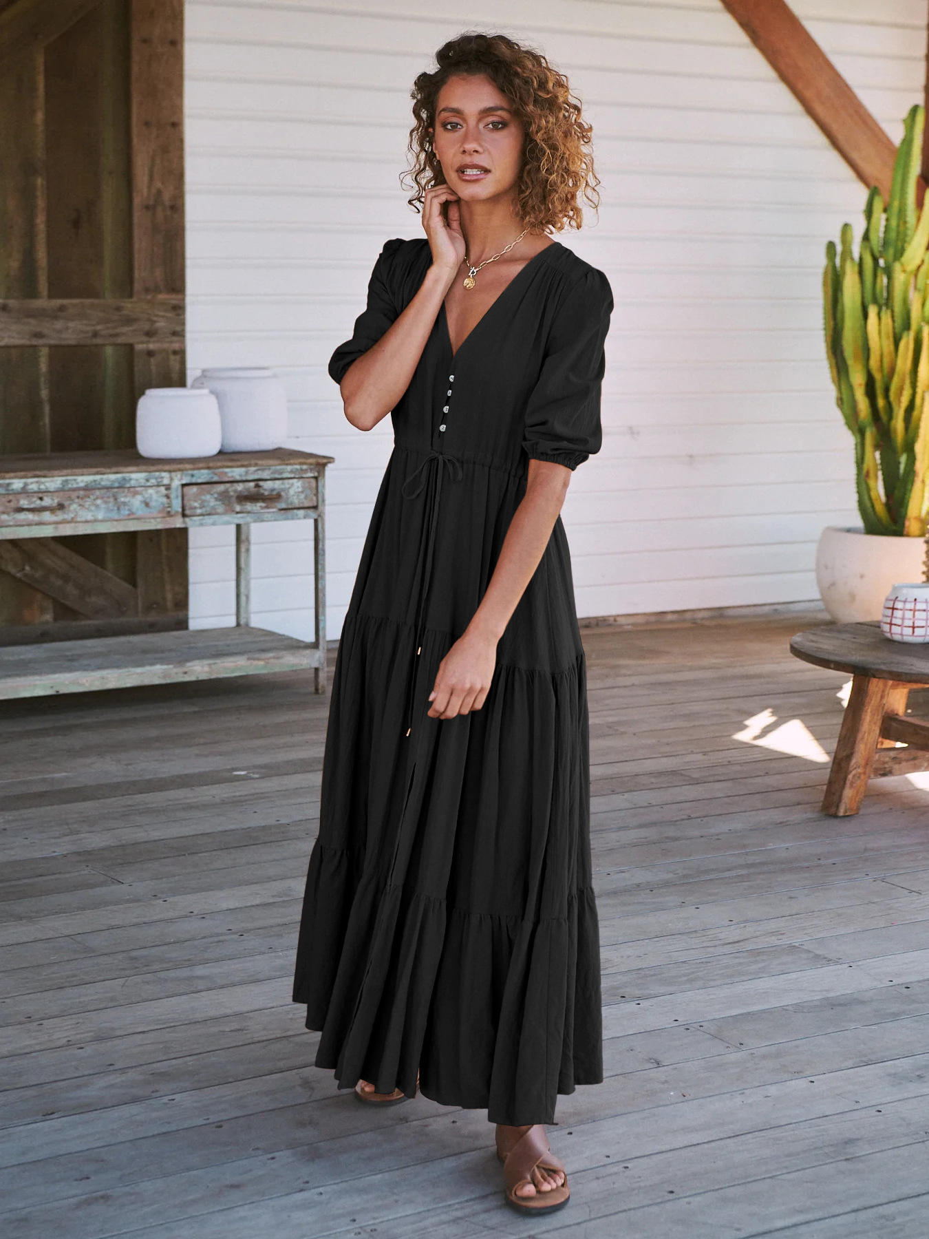 V-neck long dress image 1