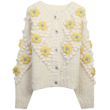 慵懒风甜美花朵针织开衫2023春季新款圆领宽松长袖毛衣厚款外套女