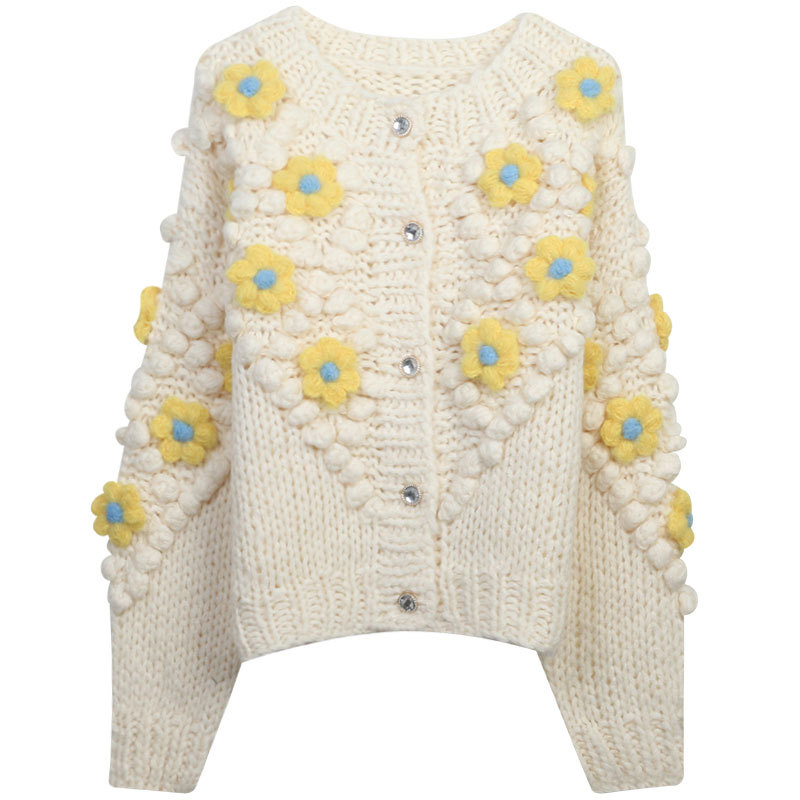 慵懒风甜美花朵针织开衫2023春季新款圆领宽松长袖毛衣厚款外套女
