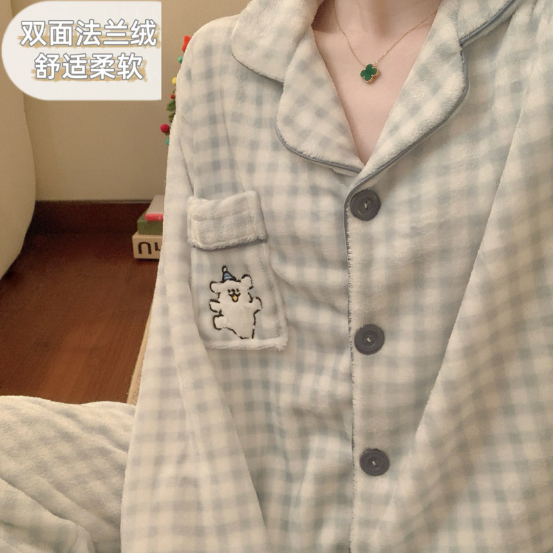 法兰绒睡衣女款秋冬季可爱小狗卡通加厚保暖长袖套装家居服可外穿|undefined