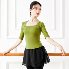 女性用ダンス練習服 大人用 レトロバレエ風 教師用体操服 中袖 練習用ツーピース風トップス