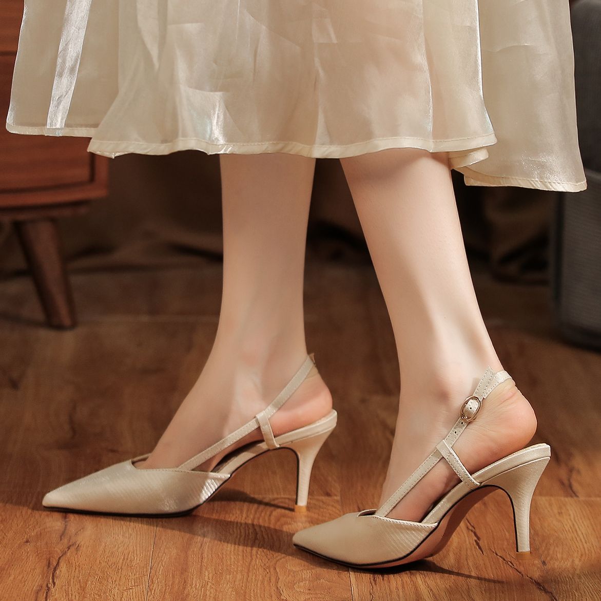 7755C Satin Front Closure Back Open Strap Sandals Thin Heel High Heels Professional Shoes Commuting Elegant Versatile_voghion.com