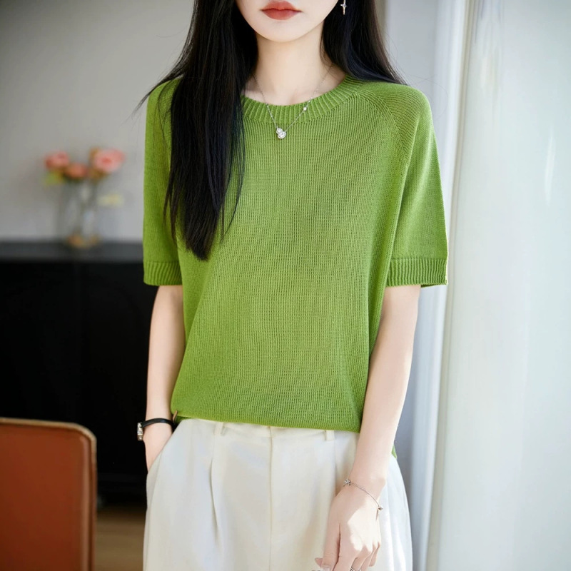 Knitted T-Shirt New Style Pearl Linen One-Piece Round Neck Knitwear Short-Sleeved Women's Solid Color Loose Top T-Shirt Manufacturer