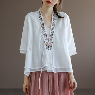 Ethnic Style Tops New Summer New Chinese Style Women's Clothing Retro Buckle Lace Embroidery Cotton and Linen Tops Tea Clothes for Women