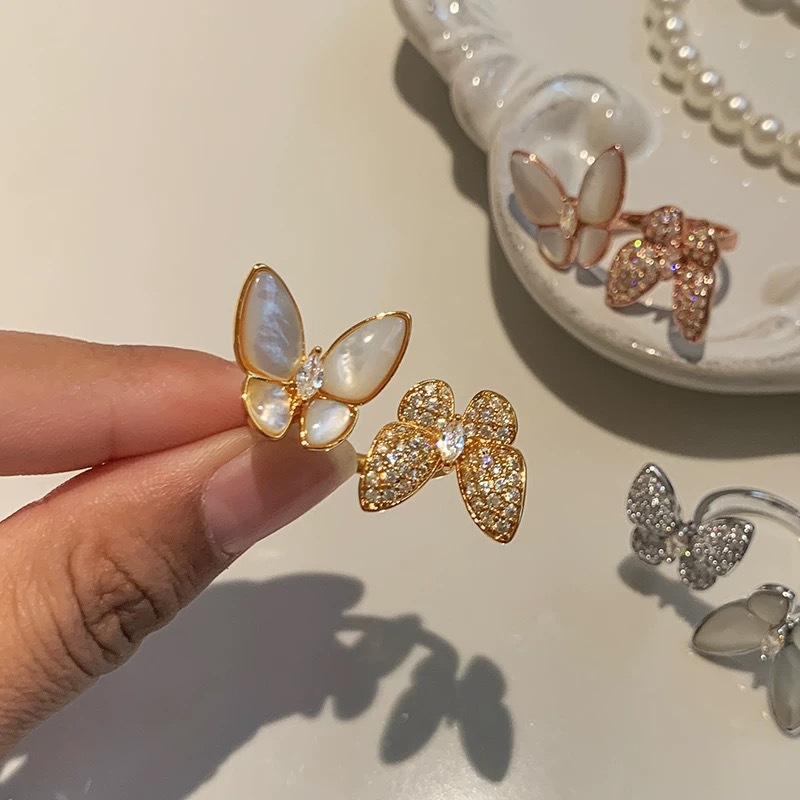 French-Style Natural Mother-Of-Pearl Double Butterfly Ring for Women, Light Luxury High-End Jewelry with an Elegant Feel, Adjustable Open Design for the Index Finger