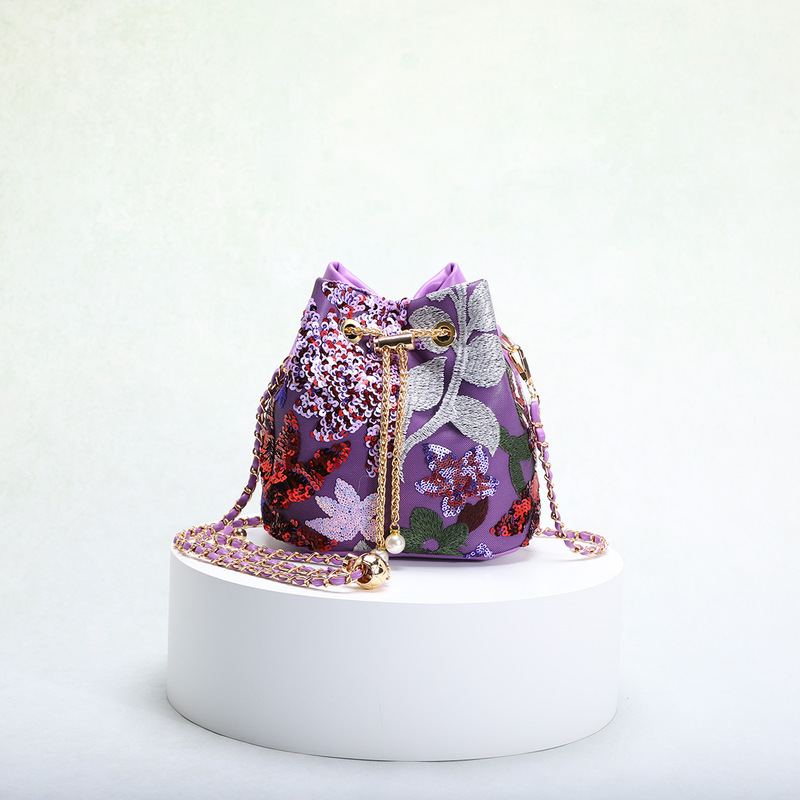 Women's Bag New Chinese Style Flower Embroidered Sequin Mesh Stitching Color Contrast Fashionable Elegant Women's Drawstring Chain Bucket Bag