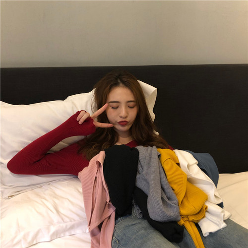 Autumn/Winter V-neck Knit Long Sleeve Slim Fit Bodycon Warm Base Top Women's Trendy Hoodless Sweatshirt