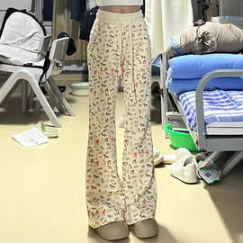 小狗满印休闲阔腿裤女春夏季高腰显瘦抽绳微喇叭裤直筒马蹄拖地裤