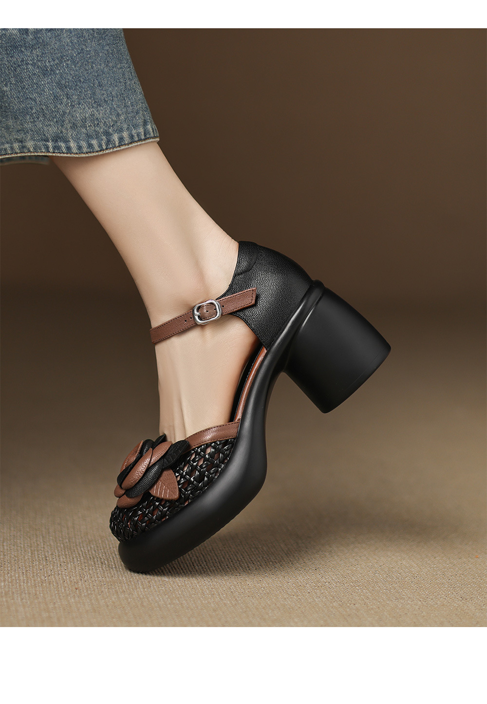 Giày cao gót nữ đế xuồng platform mũi tròn bít gót 7 cm — đen chi tiết 12