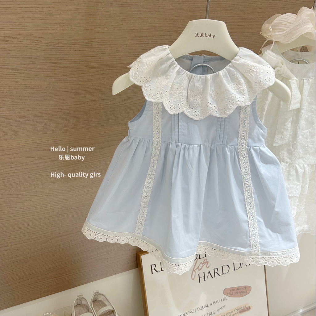 [Le En baby] 2025 verano niña azul cuello de encaje falda de muñeca vestido de estilo occidental de bebé vestido de princesa