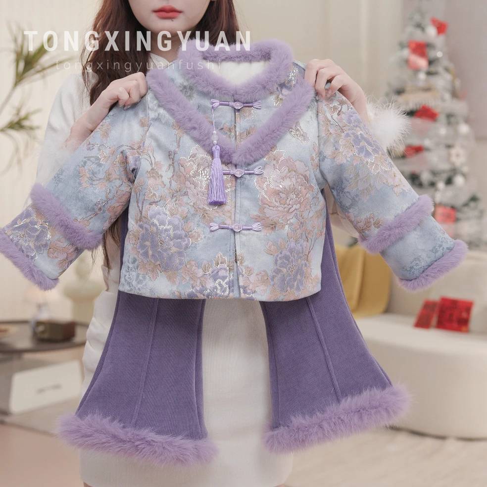 [Nuevo estilo chino · Luo] niños estrella redonda niñas otoño invierno cheongsam vestido Tang princesa estilo chino set de chaqueta de niña image 5