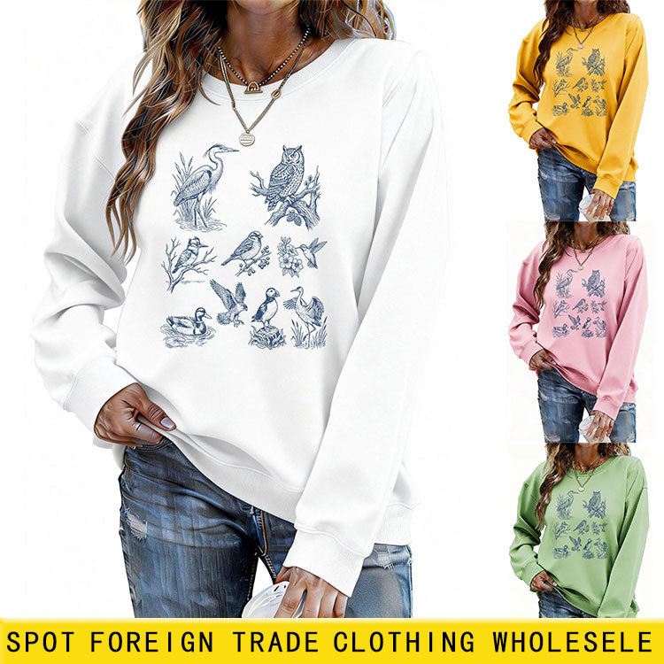 Amazon Ebay Independent Site Casual Versatile Fun Women's Sweatshirt with White Crane, Owl, Bird, Flower, and Pond Designs