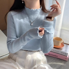 一体绒加厚秋冬季木耳边半高领长袖打底针织衫上衣纯色毛衣内搭