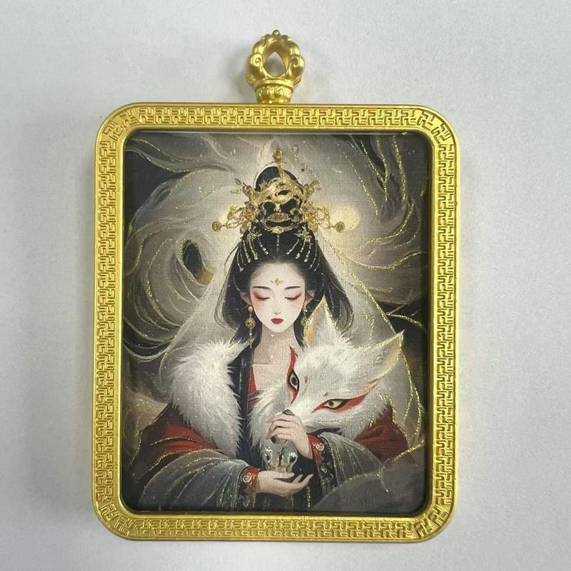 手绘描金莽龙女蛇年狐仙唐卡嘎乌盒九尾道家唐卡套周边吊坠项链|undefined
