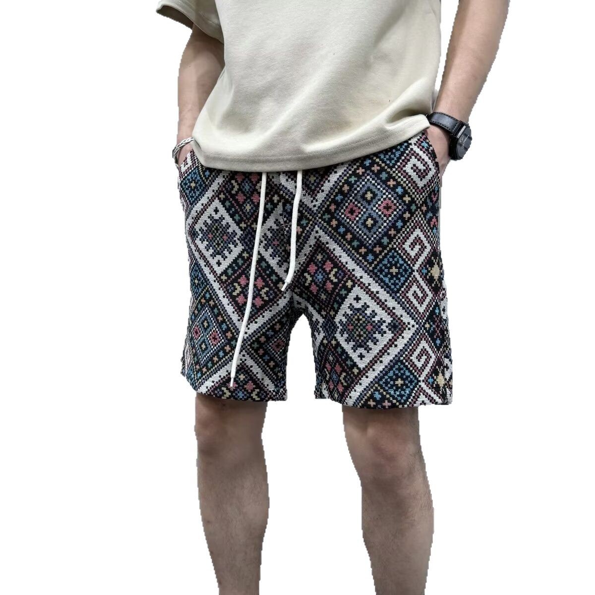 Nueva moda nacional delgada pantalones cortos jacquard de verano casual pantalones de quinta sueltos versátiles pantalones de playa de hombre