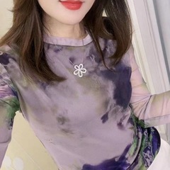 2025肌膚長袖網紗上衣高級感小衫女秋季新款修身印花歐貨