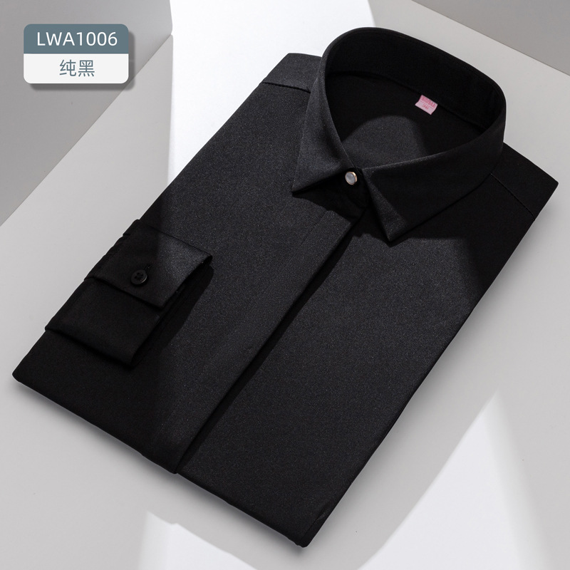 Camisa de negocios de manga larga, color liso, elástica, corte ajustado, ropa de trabajo blanca, ropa formal, ropa profesional, camisa elegante de fibra de bambú para mujer. image 13