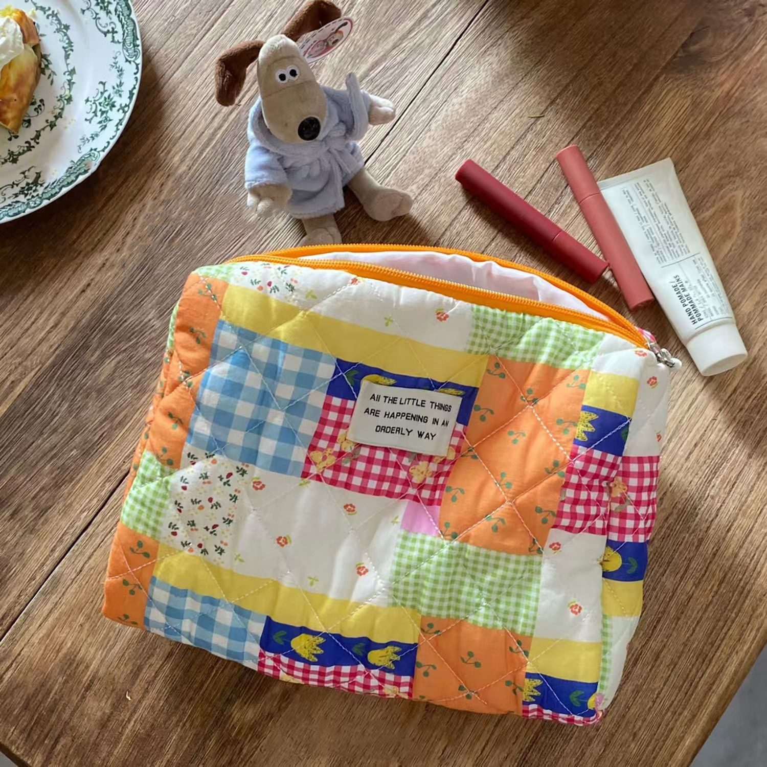 Zipper Closure Type / Strap Type Cute Color Block Flower Polyester Sewing Thread Square Makeup Bags