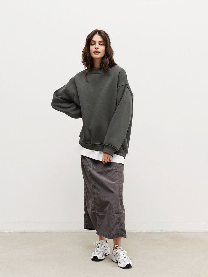 Áo sweatshirt nữ cổ tròn dáng rộng oversize tay dài chất liệu nỉ lông — Hoa màu xám, Màu cà phê, Màu trắng, Xanh navy chi tiết 30