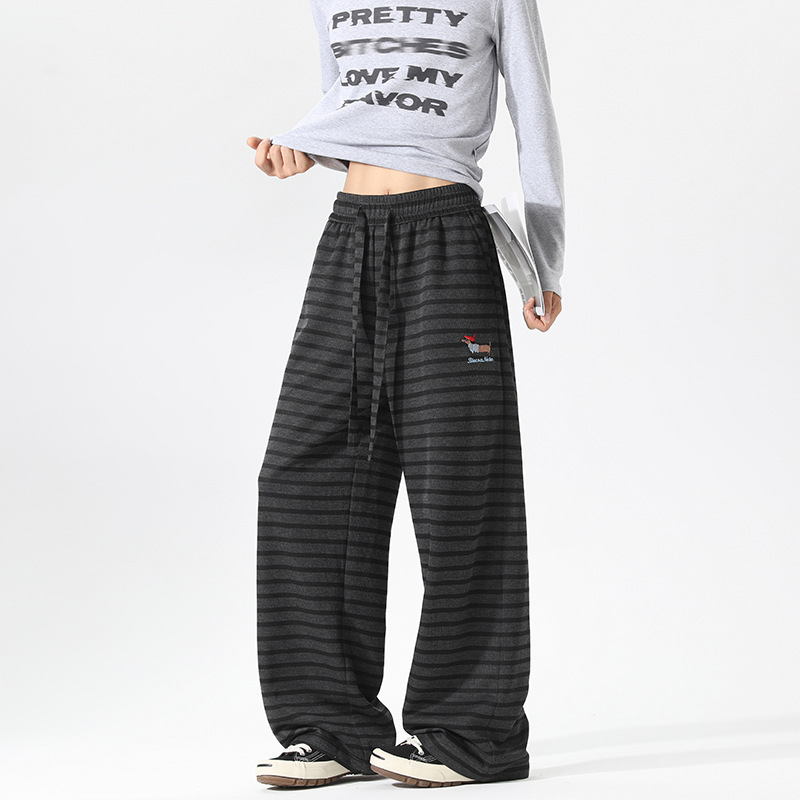 Autumn Striped Dachshund Dog Embroidered Patchwork American Retro Casual Pants For Men Teenagers, With A Relaxed Drape_voghion.com