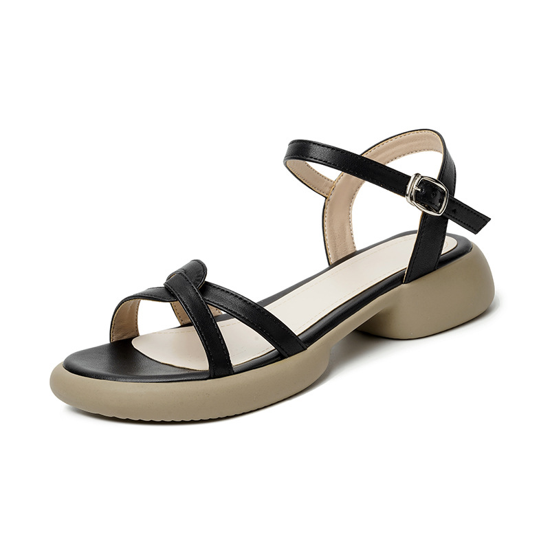 Sandal nữ đế bằng da thật quai chữ V mùa hè chống trượt — Màu đen