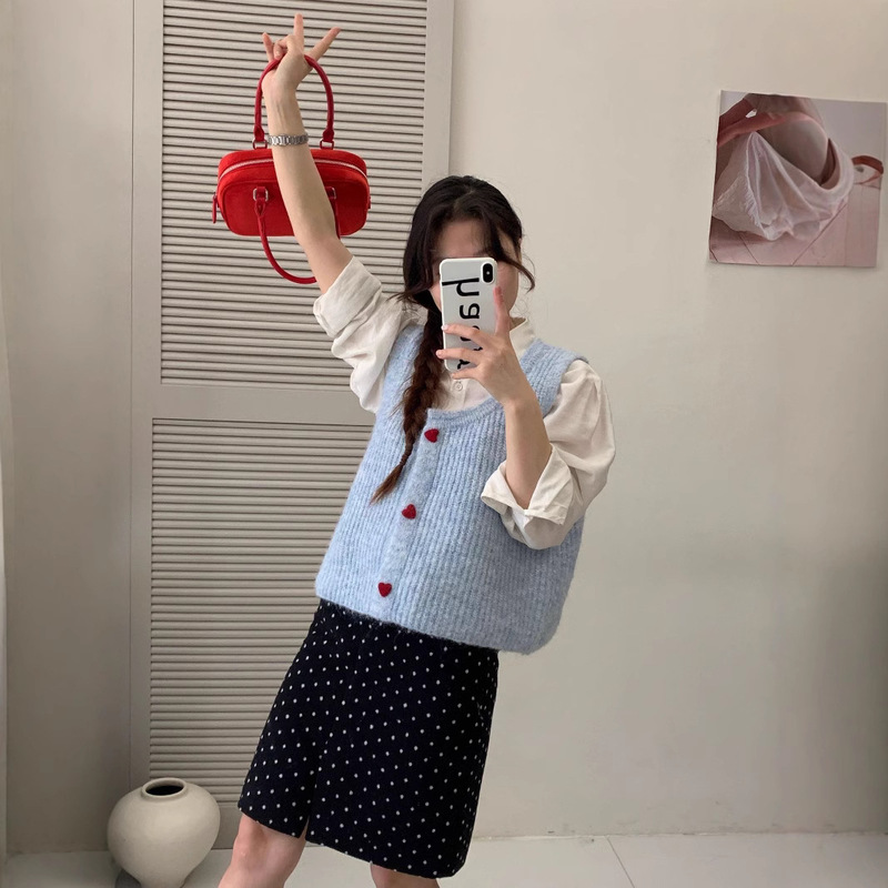 Early Spring New Korean Style Heart Button Low Round Neck Knitted Vest for Women Soft and Waxy Plush Fluffy Stacked Mixed Color Vest Early Spring New Korean Style Heart Button Low Round Neck Knitted Vest for Women Soft and Waxy Plush Fluffy Stacked Mixed Color Vest
