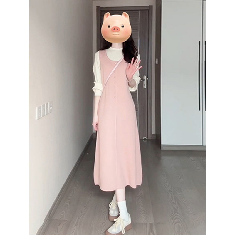 背心连衣裙子女早秋韩系穿搭粉色甜美春秋2025新款针织长裙两件套|undefined