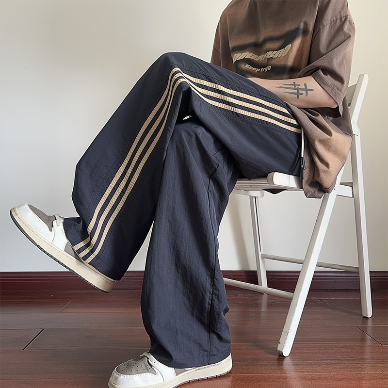 速干冰丝裤子男夏季薄款美式三条杠运动裤青少年宽松阔腿休闲长裤