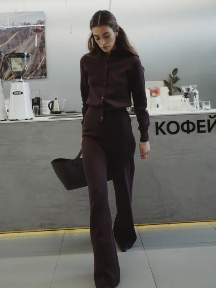 Bộ len dệt kim nữ áo cardigan tay dài quần dài màu trơn — Màu nâu, màu xám, mơ chi tiết 56