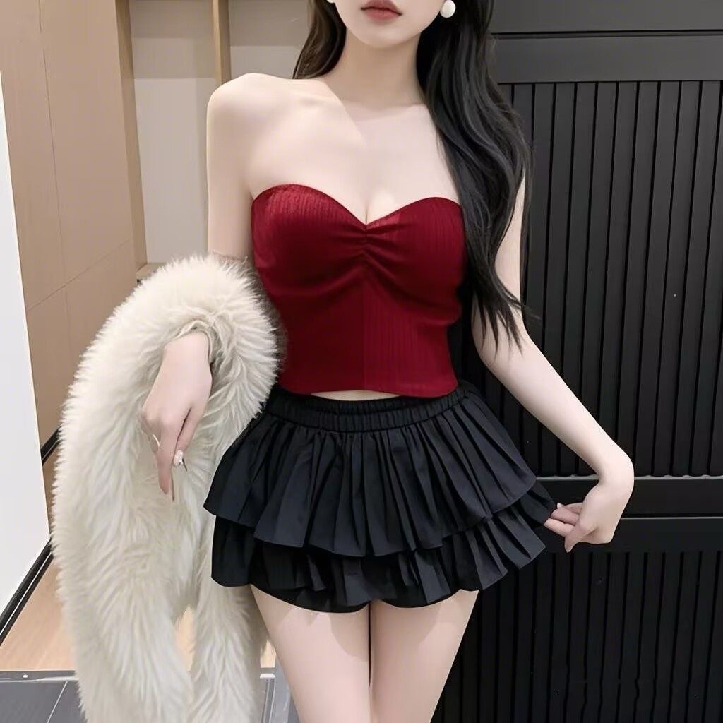 Set váy xếp ly ngắn nữ phối áo yếm có đệm ngực phong cách tiểu thư — Áo ngực đỏ (nguyên bản có đệm ngực), Trắng Spacer+Váy Set, Đen Spacer+Váy Set, Màu đỏ Spacer+váy Set chi tiết 7