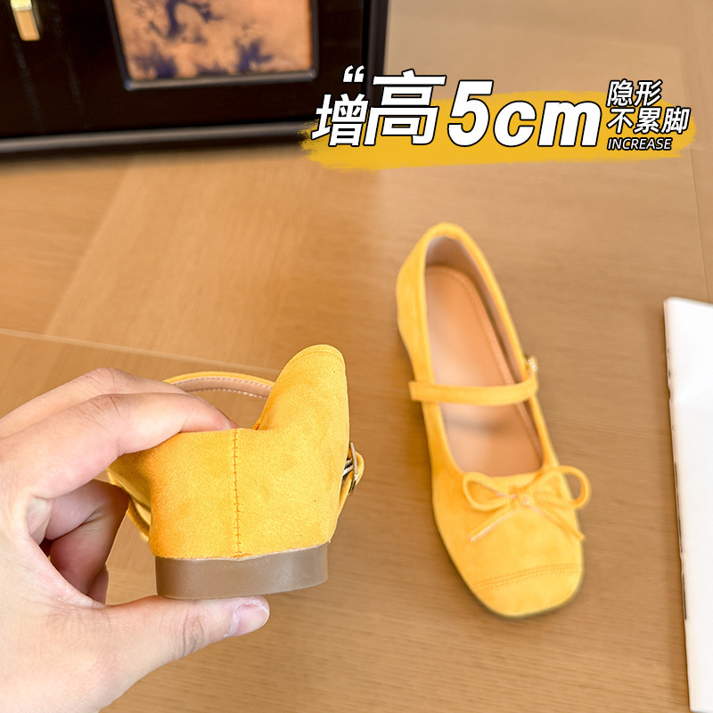 231-6g Height-Increasing Ballet Flats for Petite Women with Small Feet, Yellow French Square-Toe Bow Ballet Shoes