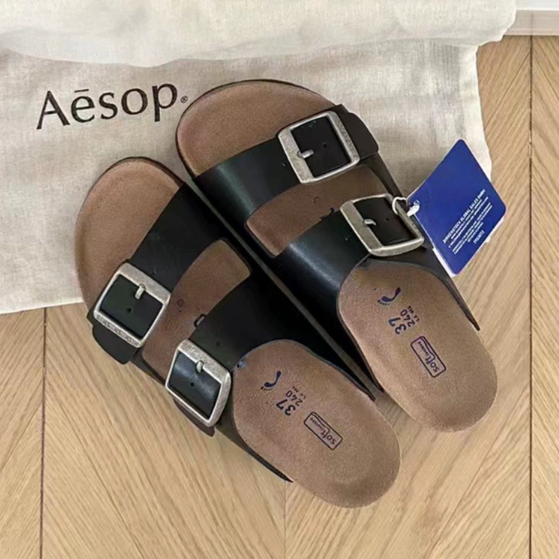 Сандалии из коровьей кожи Sangpo с пробковой подошвой Birkenstock лето 2025 новые шлепанцы и тапочки для мужчин и женщин с толстой подошвой ленивые шлепанцы Birkenstock с двумя ремешками