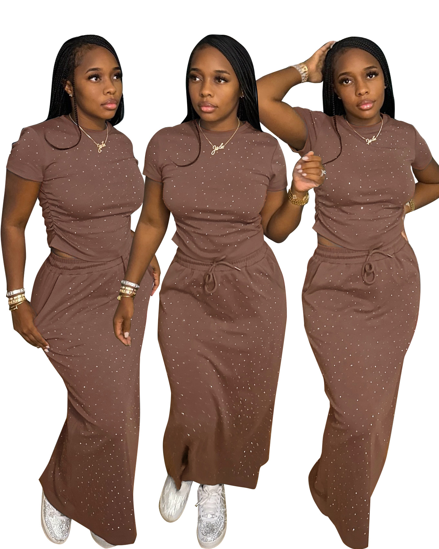 Completo due pezzi donna con strass abito lungo maniche corte_voghion.com