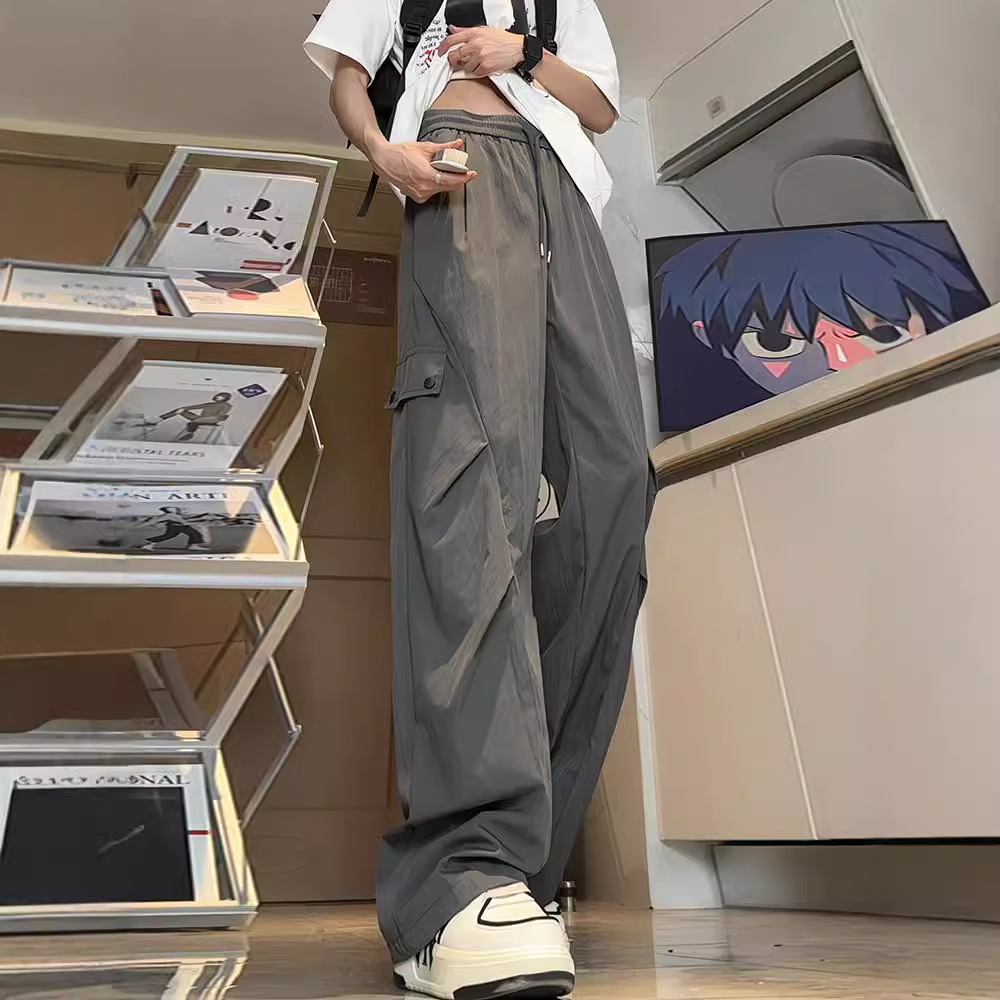 dark gray American-style overalls men's summer thin tall long quick-drying pants pleated hiking paratrooper pants